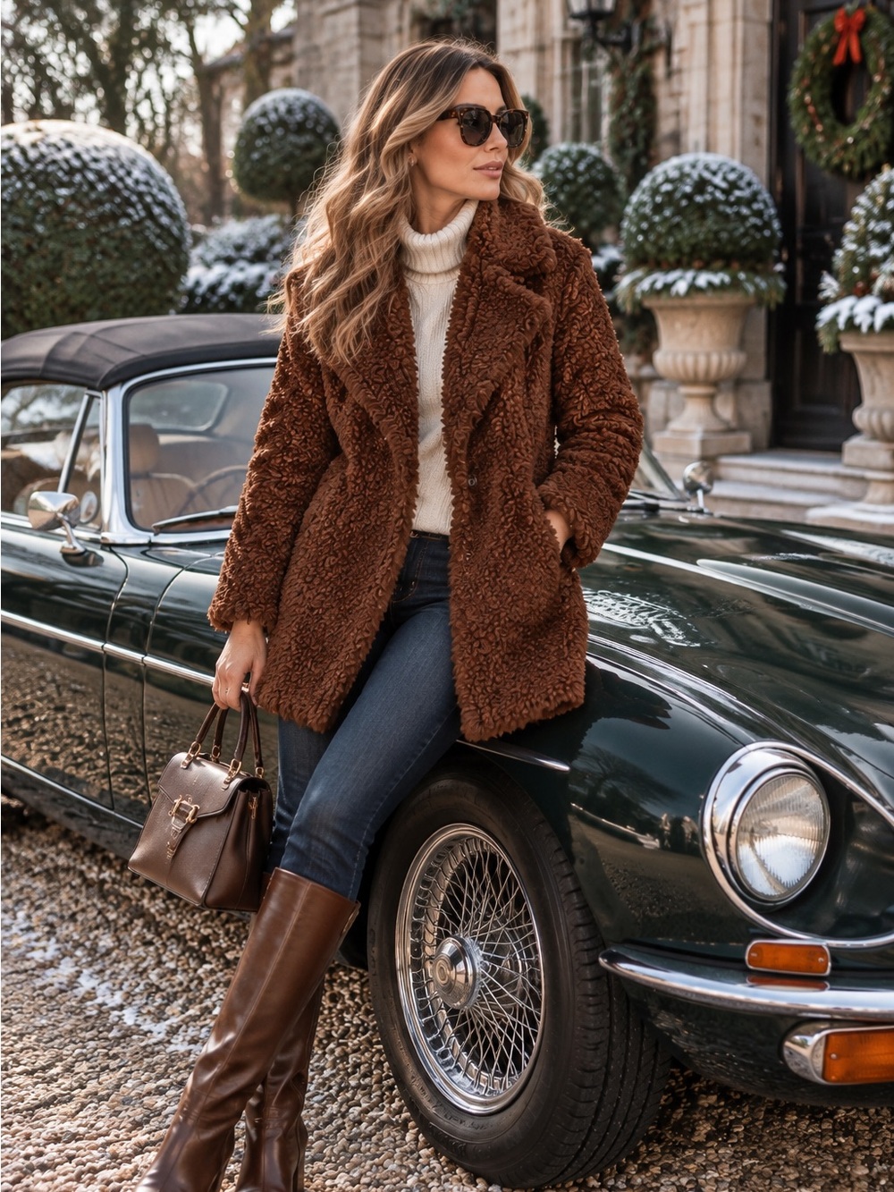 KENSIE Copper Brown Curly Boucle Reversible Teddy Coat, M